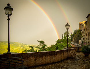 A Double Rainbow over Lampost in Umbria, Italy