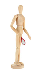Wooden mannequin with tennis racket isolated on white
