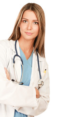 Fototapeta premium Closeup portrait of a female doctor with stethoscope