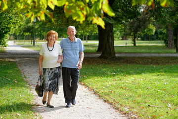 Senior happy couple walking in the park