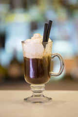 Irish Coffee cocktail on a bar