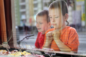 Two young boys looking ice cream in pastry shop