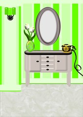 mobile con specchio in un soggiorno verde