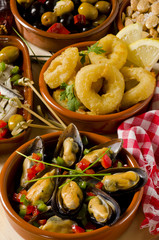 Spanish Cuisine. Assorted tapas on ceramic plates.