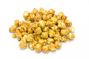 caramel popcorn on white background