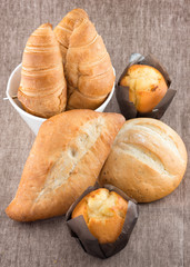 Bread,muffins and croissant on the table