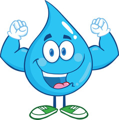 Water Drop Cartoon Mascot Character Showing Muscle Arms