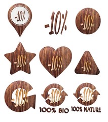 3d graphic of a isolated discount icon set of wooden 3d buttons