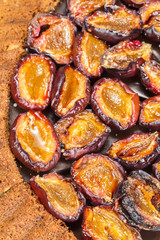 Plum tart. Plum cake with fresh plums. Close up, macro