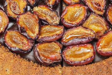 Plum tart. Plum cake with fresh plums. Close up, macro