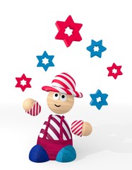 3d graphic of a filled star symbol juggled by a clown