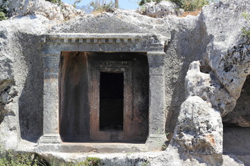 Fototapeta na wymiar The Lycian tombs near Fethiye in Turkey, 2013