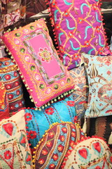 Fototapeta premium Fabrics, textiles and turkish rugs at a bazaar in Turkey