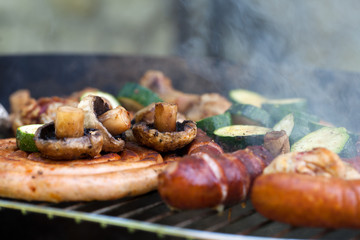 barbecue with delicious grilled meat on grill