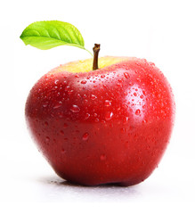 Red apple with water drops isolated on white background.