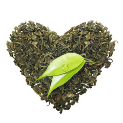 Green tea heart shape with leaf isolated on white background