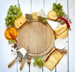 Fototapeta Various types of cheese with empty space background concept obraz