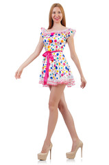 Model wearing fashionable clothing on white