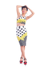 Model wearing fashionable clothing on white