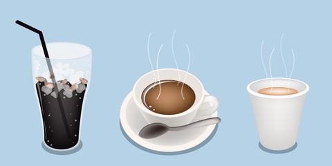 Obraz premium Hot Coffee and Iced Coffee on Blue Background