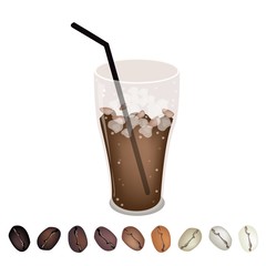 Row of Beans Under A Glass of Iced Coffee