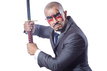 Businessman with sword isolated on white