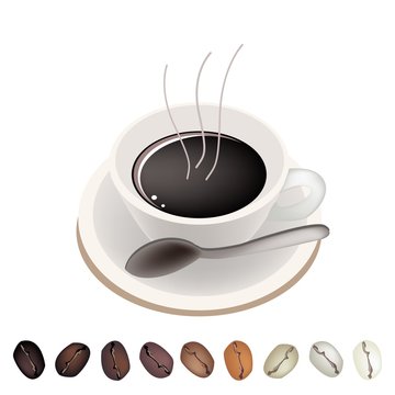 Row of Differrent Coffee Beans Under A Coffee Cup