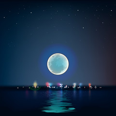 Naklejka premium Full blue moon over cold night water, vector Eps10 illustration.
