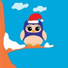 Owl Happy New Year/Little brown owl on snowy  branch