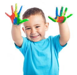 Child with painted hands on a white background