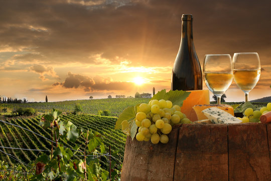 White wine with barell  in vineyard, Chianti, Tuscany, Italy