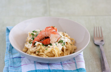 Fettucine Aflredo, shrimp or prawns and a parsley