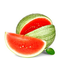Slice of ripe watermelon with water drops and green leaf