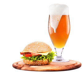 Closeup of homemade burger and beer