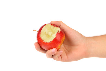 Hand holds red bitten apple