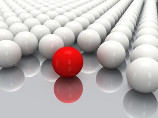 white balls and red sphere