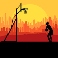Basketball player in front of city sunset vector background conc