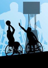 Man in wheelchair playing basketball, disabled person vector bac