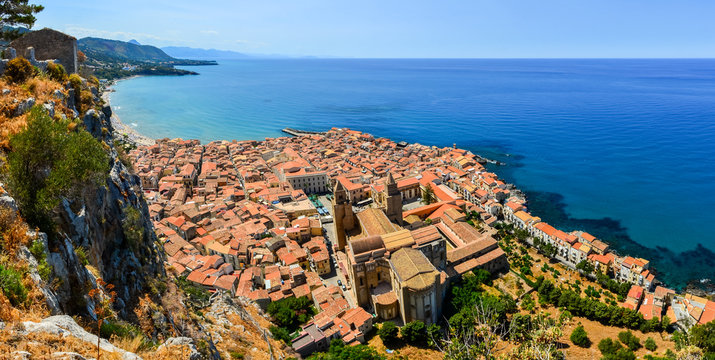 Aerial panoramic view of village Cefalu in Sicily