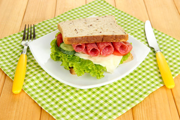 Tasty sandwich with salami sausage and vegetables
