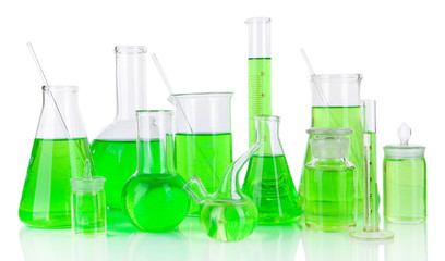 Test-tubes with green liquid isolated on white