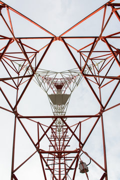 high voltage electric pole, view from the ground