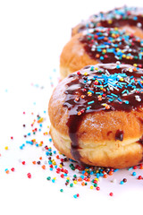 Tasty donuts with chocolate, isolated on white