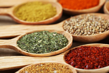 Assortment of spices in wooden spoons, close-up