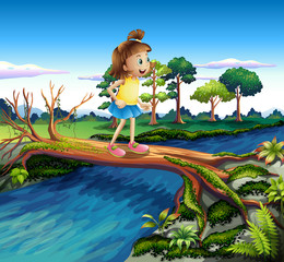 A small girl crossing the river