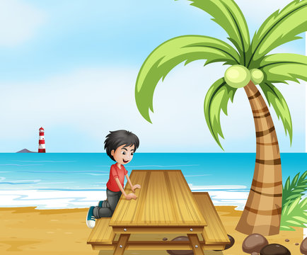 A boy at the beach with a wooden table near the coconut tree