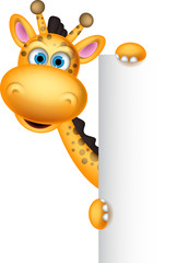 Naklejka premium cute giraffe cartoon with blank sign