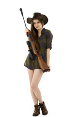 Beautiful Cowgirl with a gun on a white background.