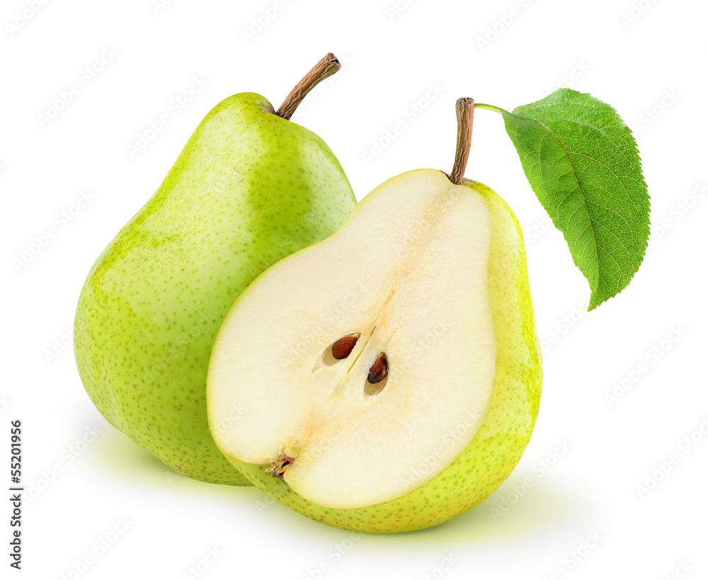 Fototapete Isolated pears. One and a half yellow and green pear fruits isolated on white background