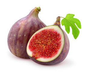 Isolated figs. One and a half fresh fig fruits isolated on white background